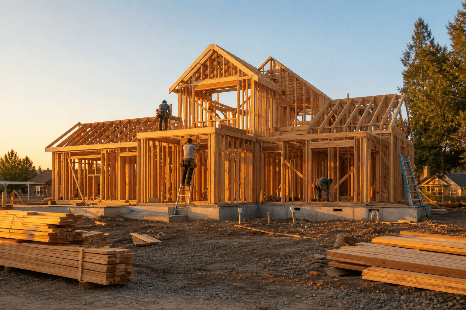 Custom home under construction at the framing stage with workers on site in North Carolina