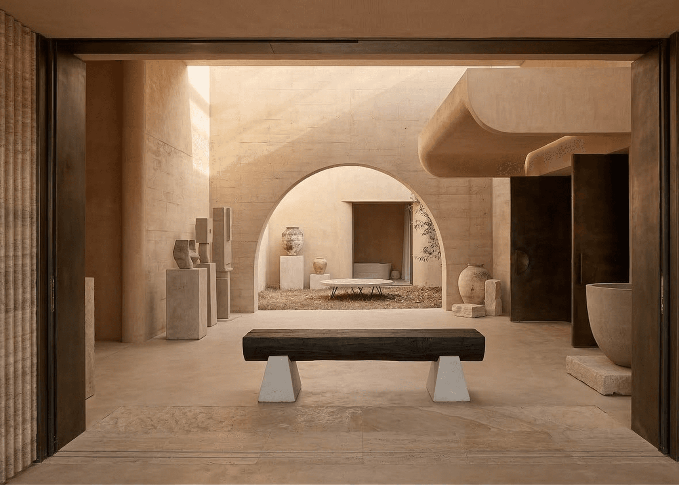 Curved-wood architectural interior with seamless arches, minimalist furniture, and soft natural light.