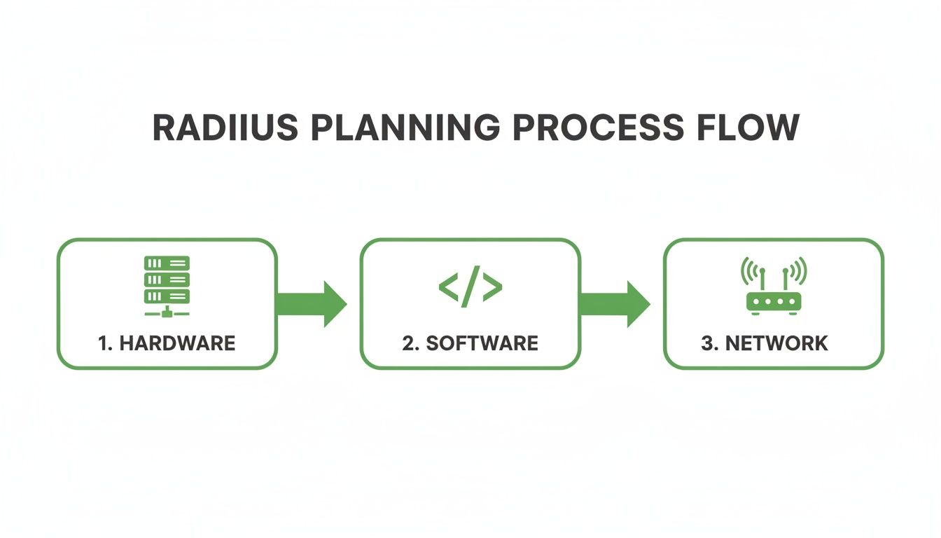 Flowchart illustrating the RADIUS planning process, detailing steps for hardware, software, and network configuration.