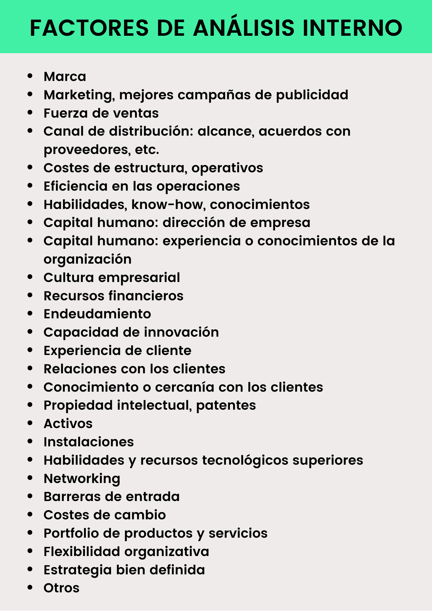 Distintos factores que se deben tener en cuenta para el desarrollo del análisis interno en DAFO