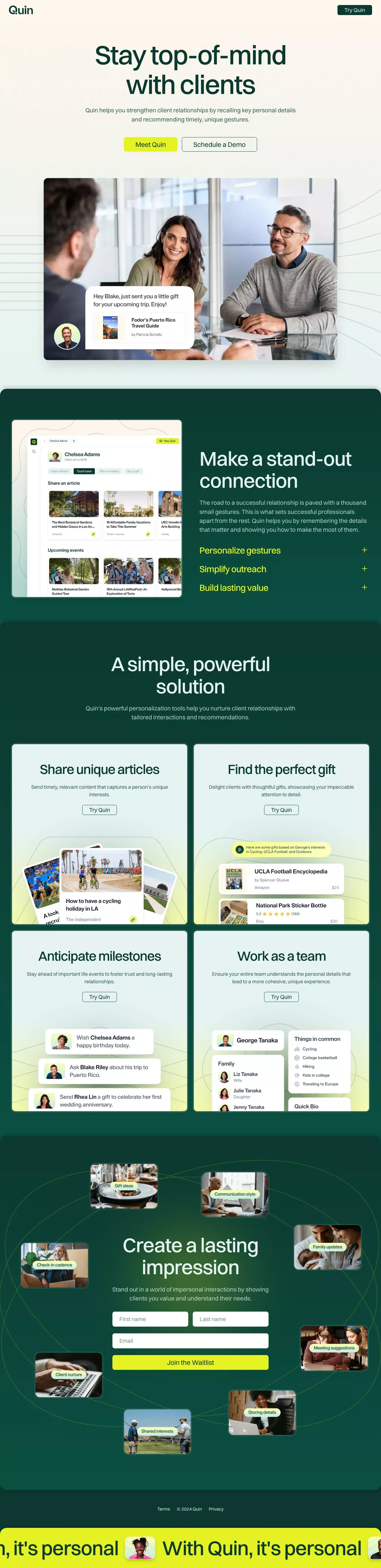 Quin landing page screenshot showcasing Tech design