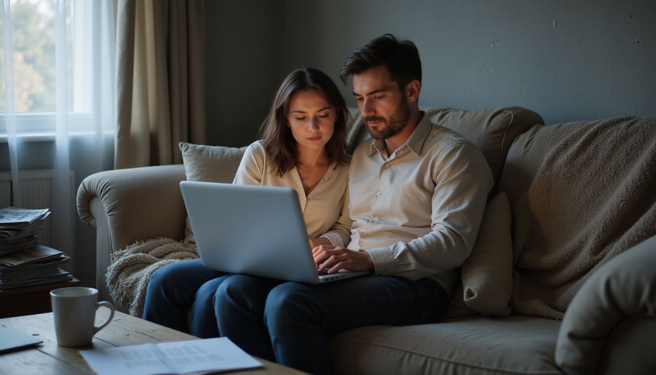 A couple discusses an Airbnb listing on a cozy sofa.