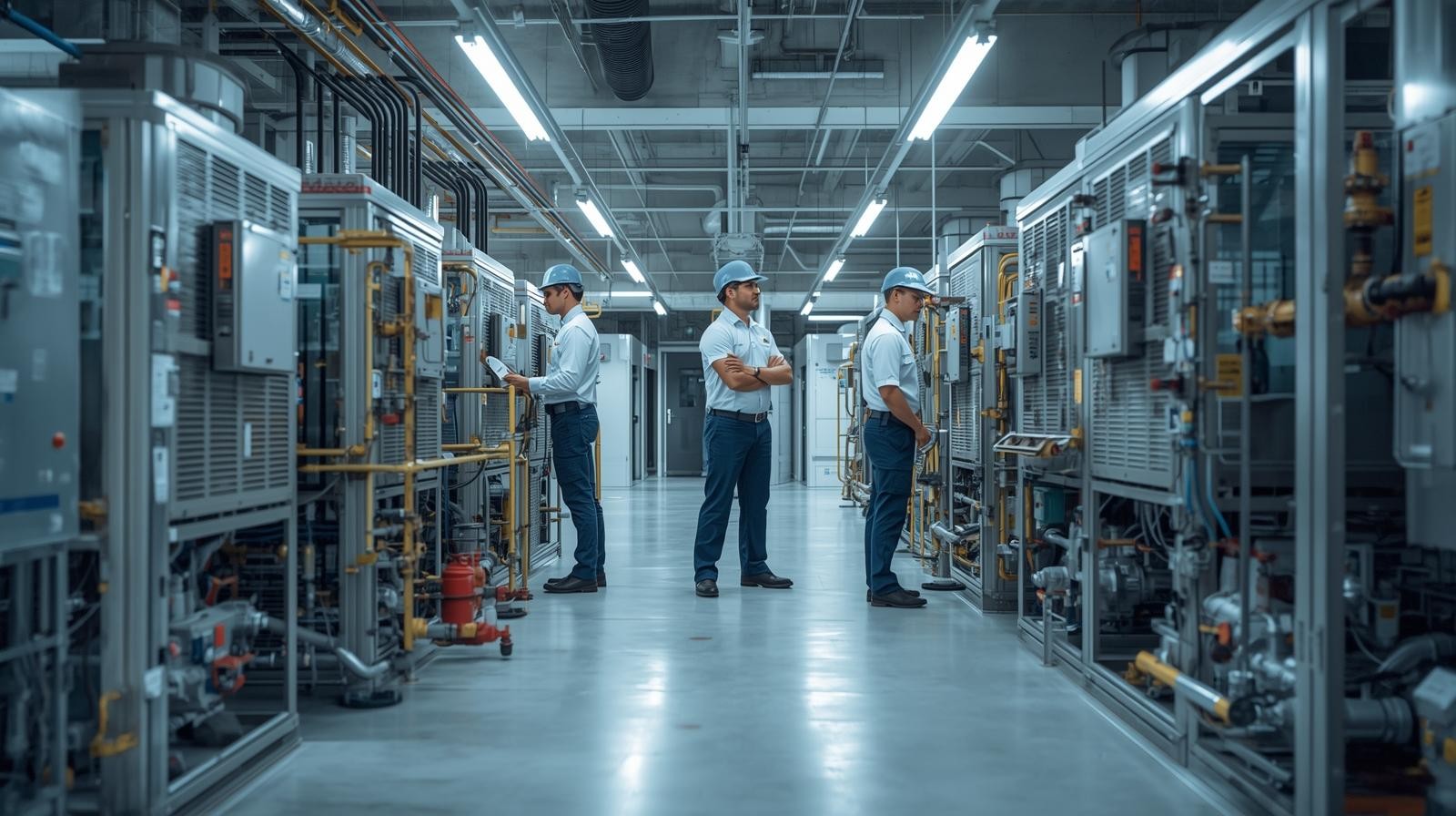 Technicians inspecting building equipment using QR codes for facility management.