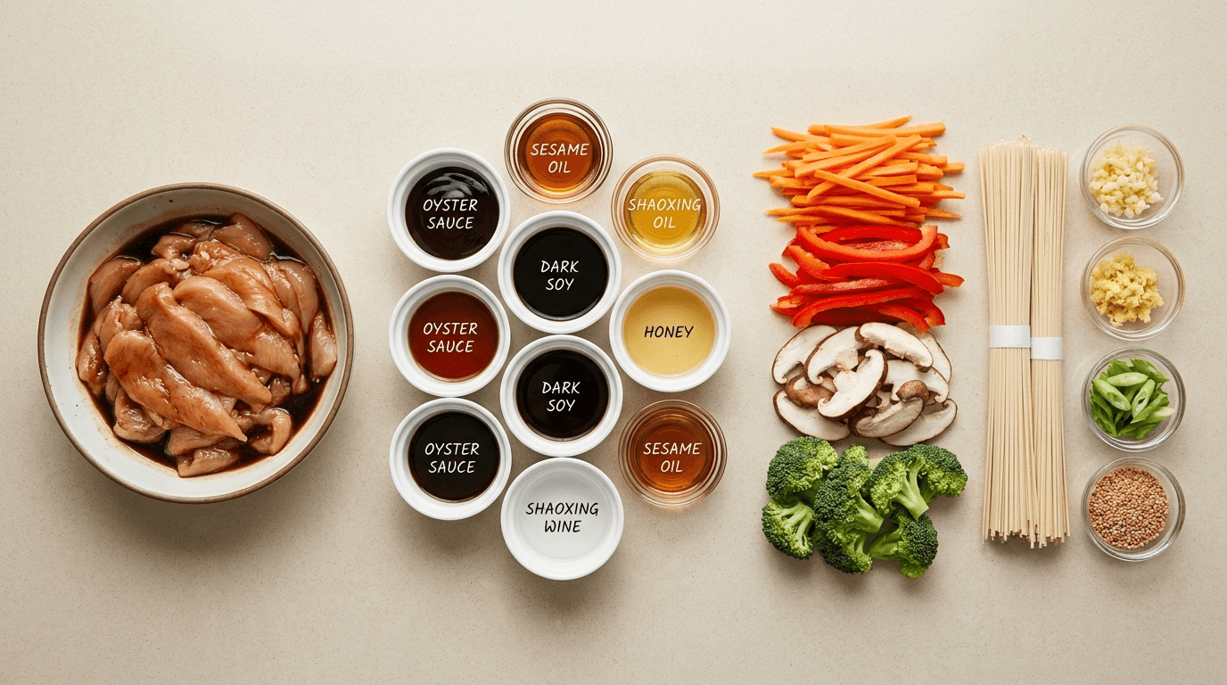 Chicken lo mein ingredients prepped and arranged overhead on a kitchen counter