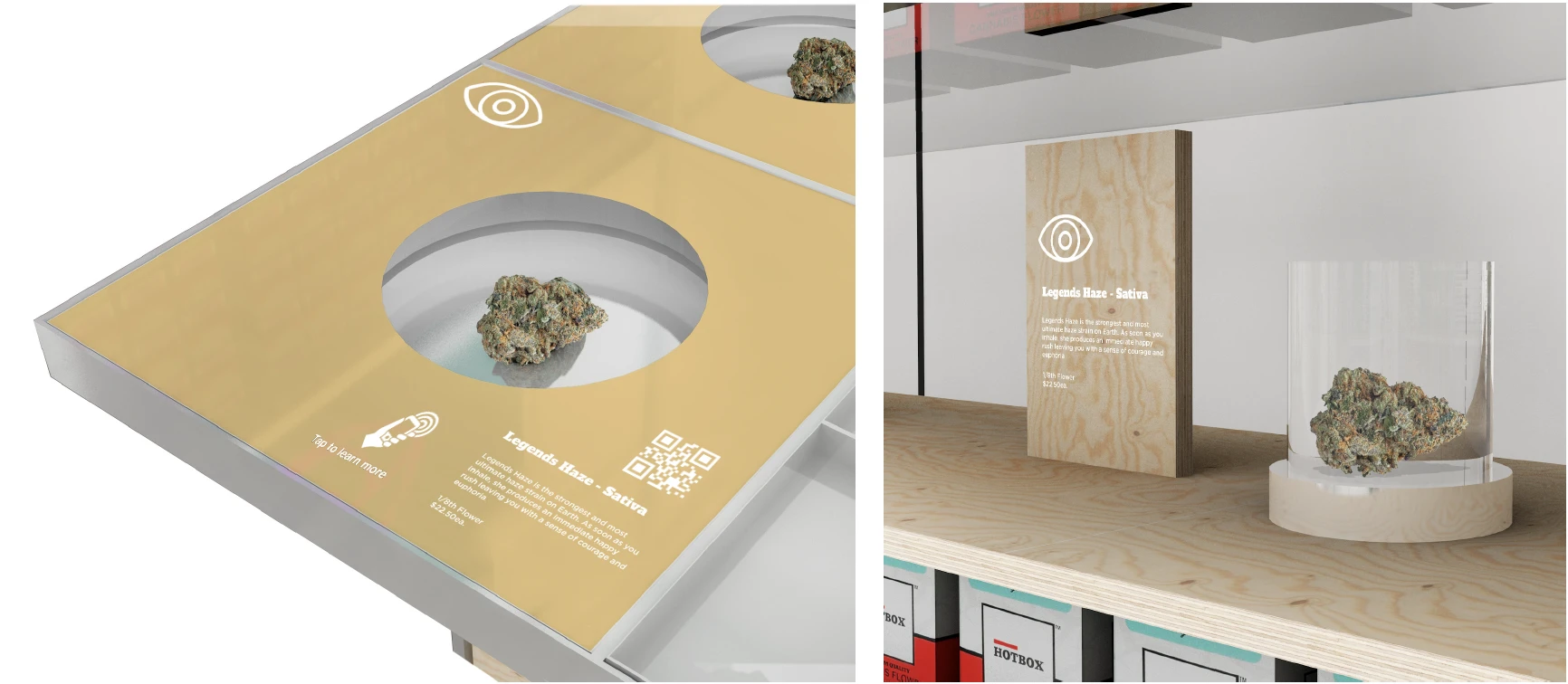 Magnified acrylic display cases up close — customers seeing and smelling product before buying