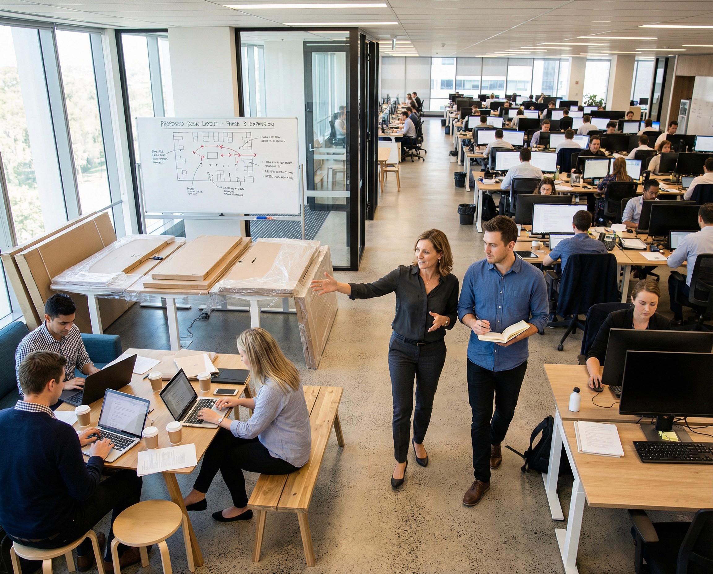 A wide, dynamic shot of a growing mid-market company's office during a period of visible expansion. The office occupies a full floor of a commercial building — roughly two hundred desks visible — but the growth is evident in the details: a section of new desks near the windows still has packing material beneath them, a small team of four is working from a temporary bench setup in what used to be a breakout area, and a whiteboard near the entrance has a hand-drawn floor plan showing a proposed desk reconfiguration. In the middle of this expanding floor, a head of people in her mid-40s and a newly hired WHS coordinator in his early 30s are walking together through the rows, mid-conversation, her gesturing across the floor as she orients him to the organisation's structure.