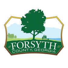 Official logo of Forsyth County, Georgia, featuring a tree, a lake, and people walking, symbolizing nature and community.