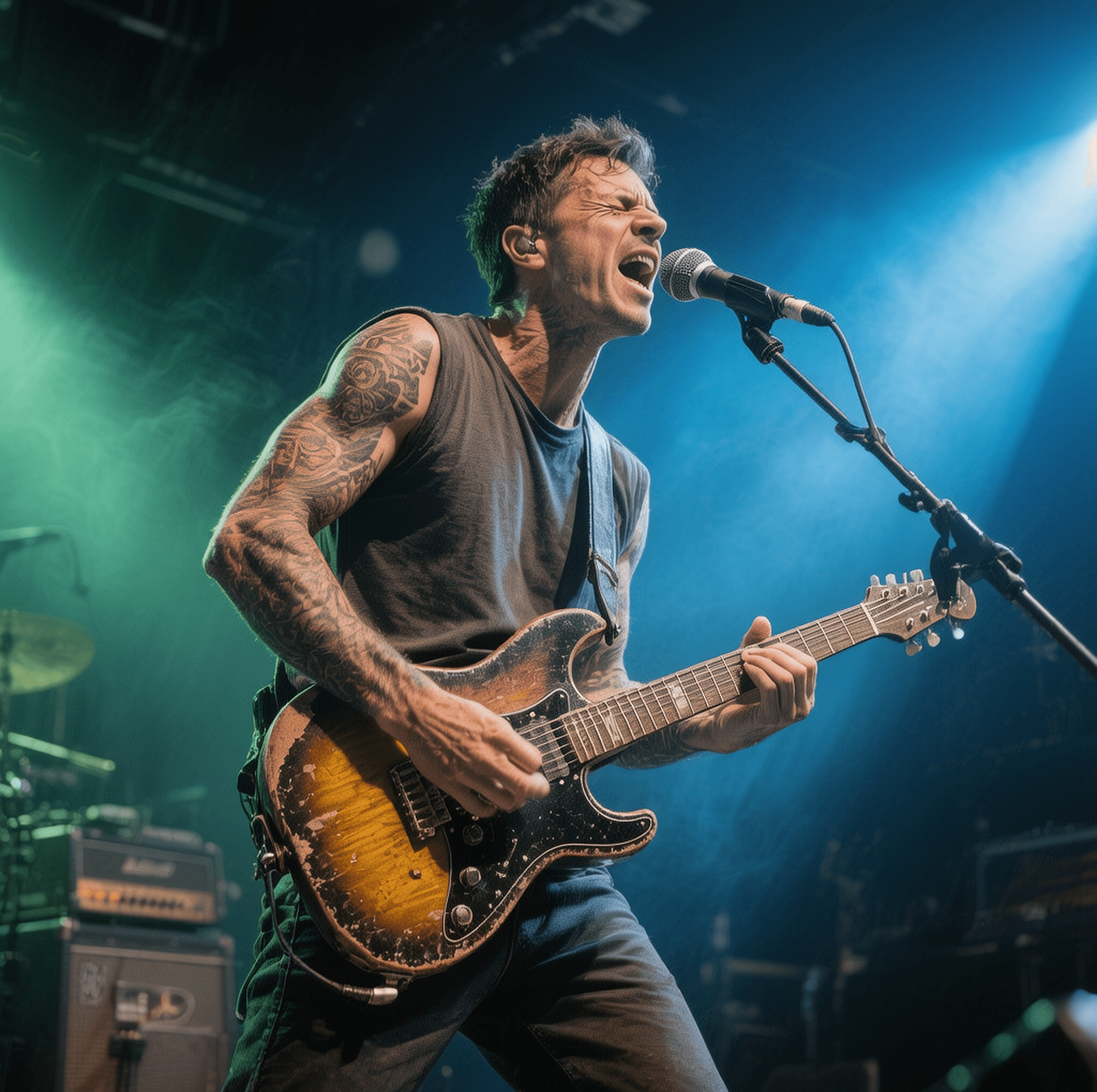 Energetic male rocker with tattoos sings and plays a worn guitar on a dimly lit stage.