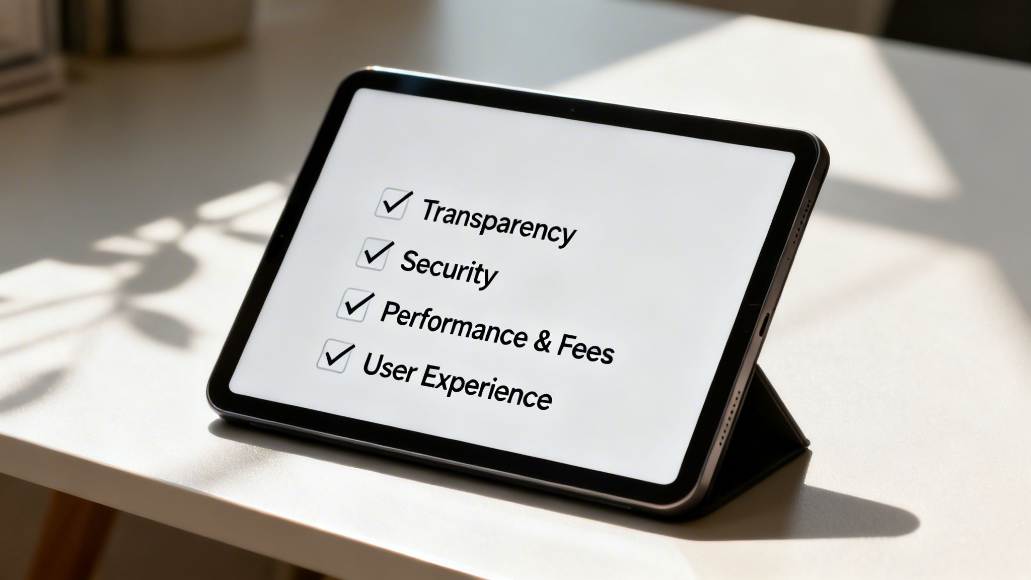 A tablet screen displays a digital checklist with 'Transparency', 'Security', 'Performance & Fees', and 'User Experience' all checked.