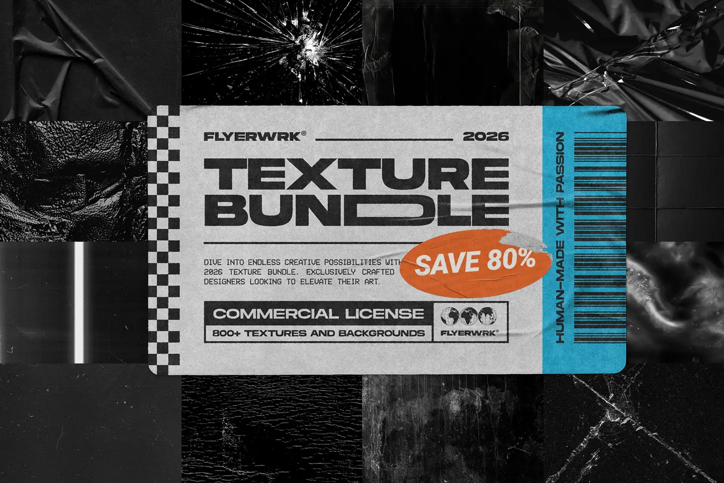 Flyerwrk 2026 texture bundle cover showing mixed grunge, scan and abstract textures collection