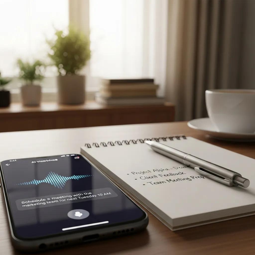 Smartphone showcasing AI voice assistant app in a home office setting