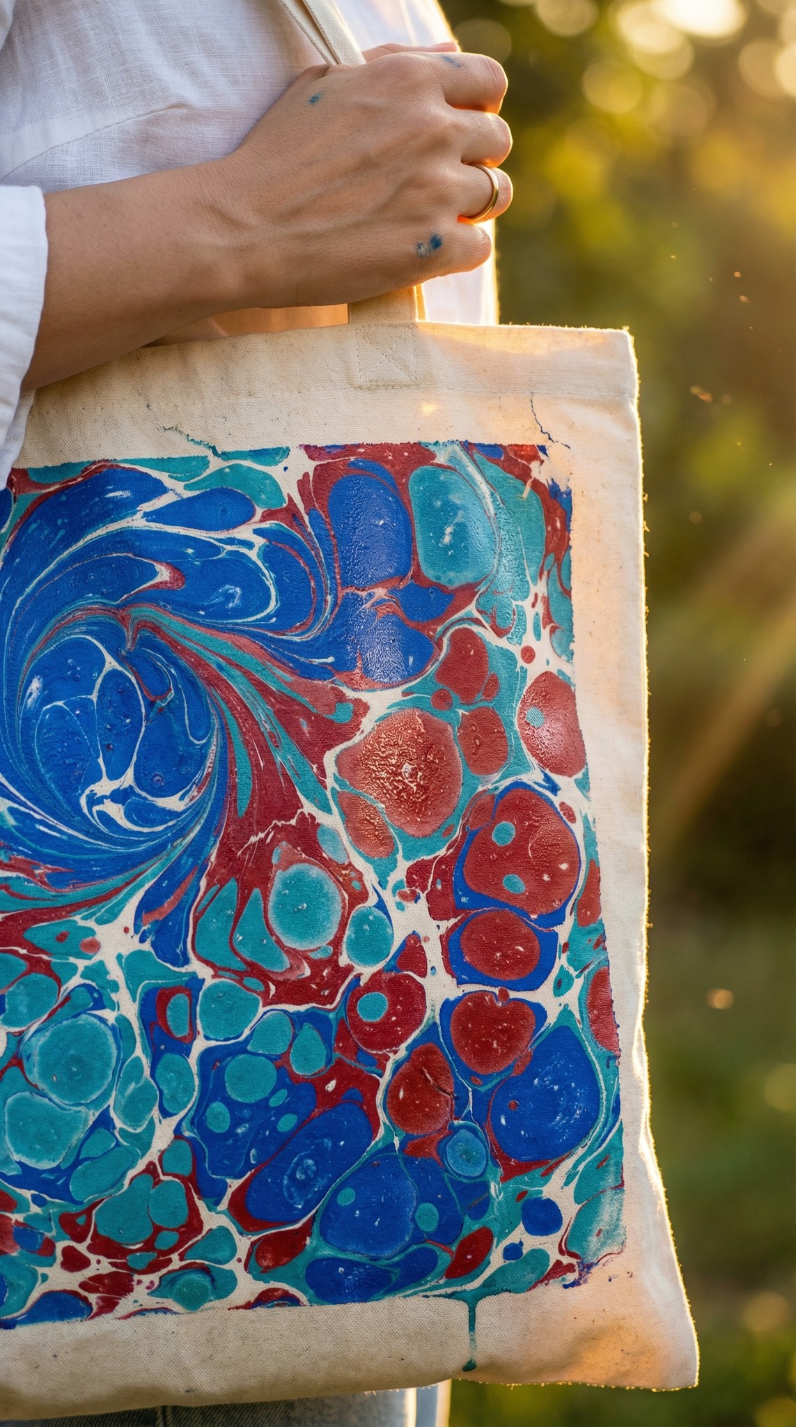 A person crafting a Turkish mosaic lamp, carefully applying multicolored beads to the ornament. The background shows a workshop setting with tools hanging on the wall.