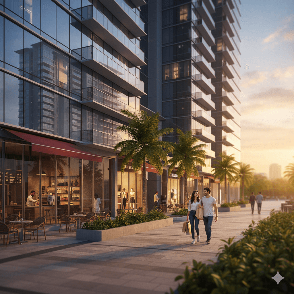 Luxury residential tower ground floor retail facade with people shopping at sunset in Gurgaon