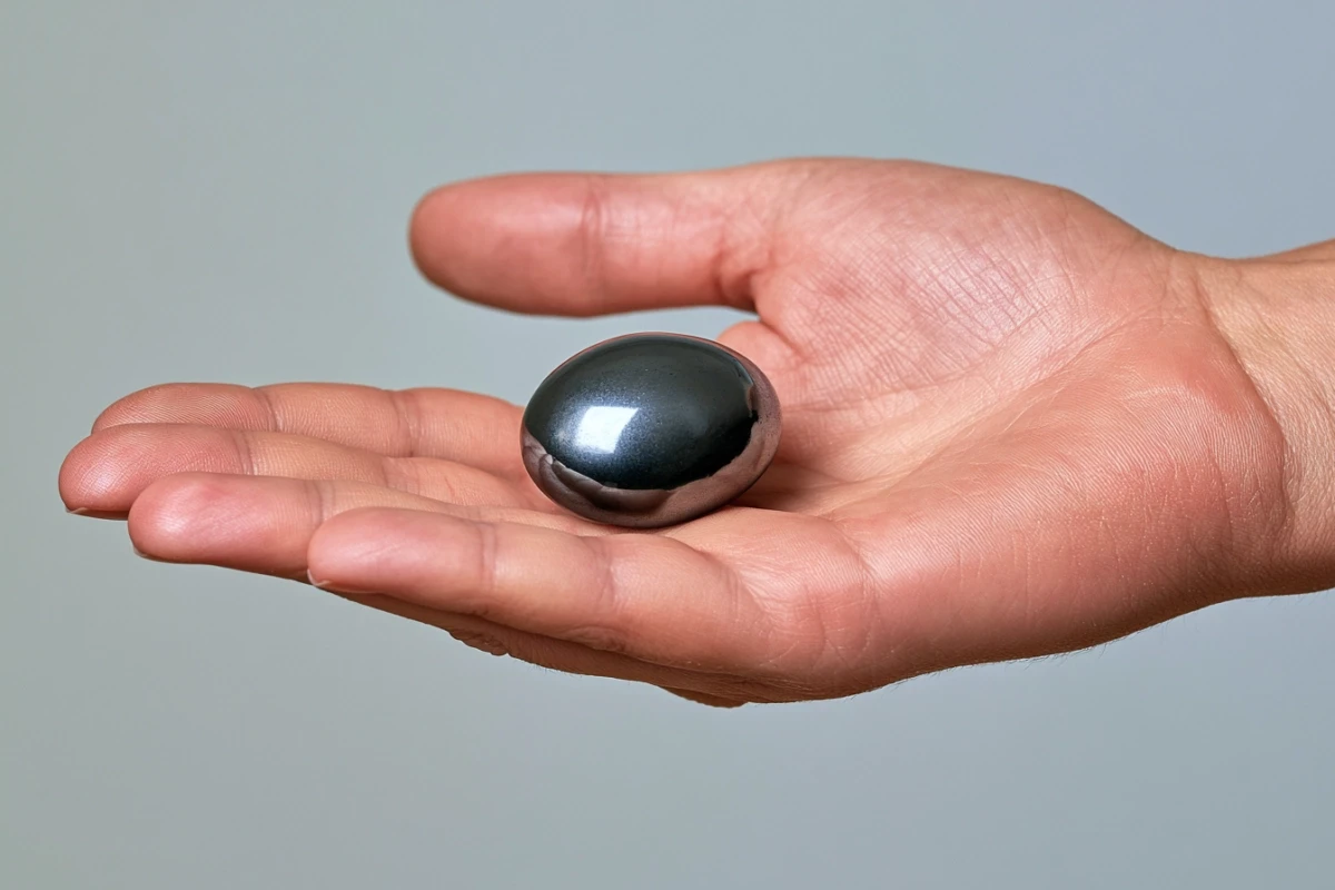 Tumbled hematite stone resting in open palm