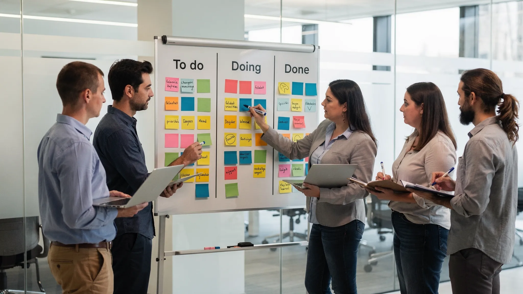 Egy sprint tervezés jelenete tárgyalóban: csapat a táblánál, feladatkártyák és egyszerű prioritási oszlopok (To do, Doing, Done).