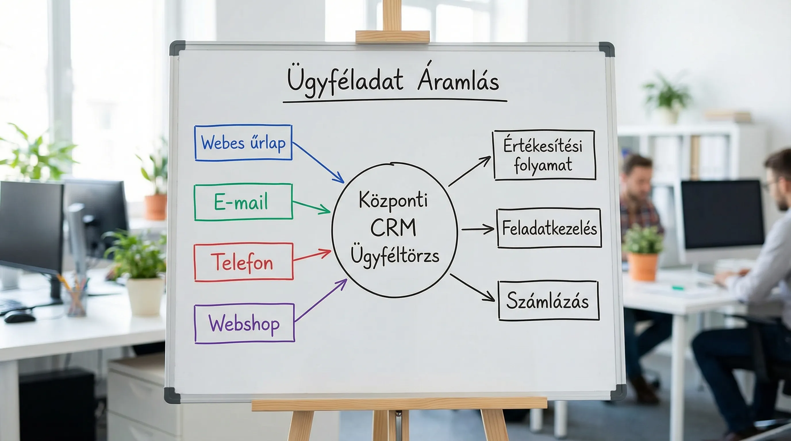 Egyszerű folyamatábra arról, hogyan kerül az ügyféladat több csatornából (webes űrlap, e-mail, telefon, webshop) a központi CRM ügyféltörzsbe, majd onnan tovább az értékesítési folyamatba, feladatkezelésbe és számlázásba.