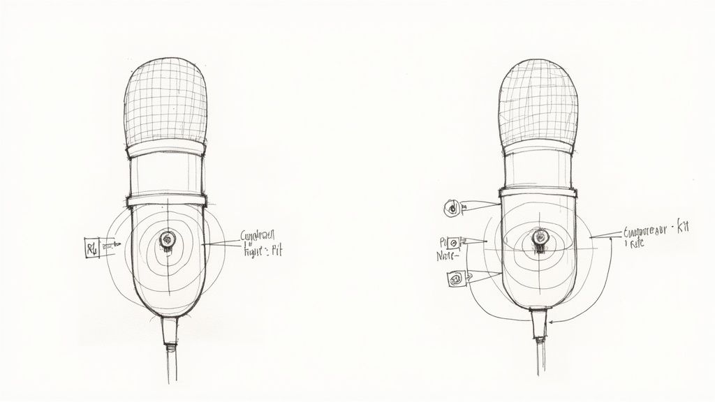 Detailed sketches of two microphones with labels indicating controls, features, and noise reduction concepts.