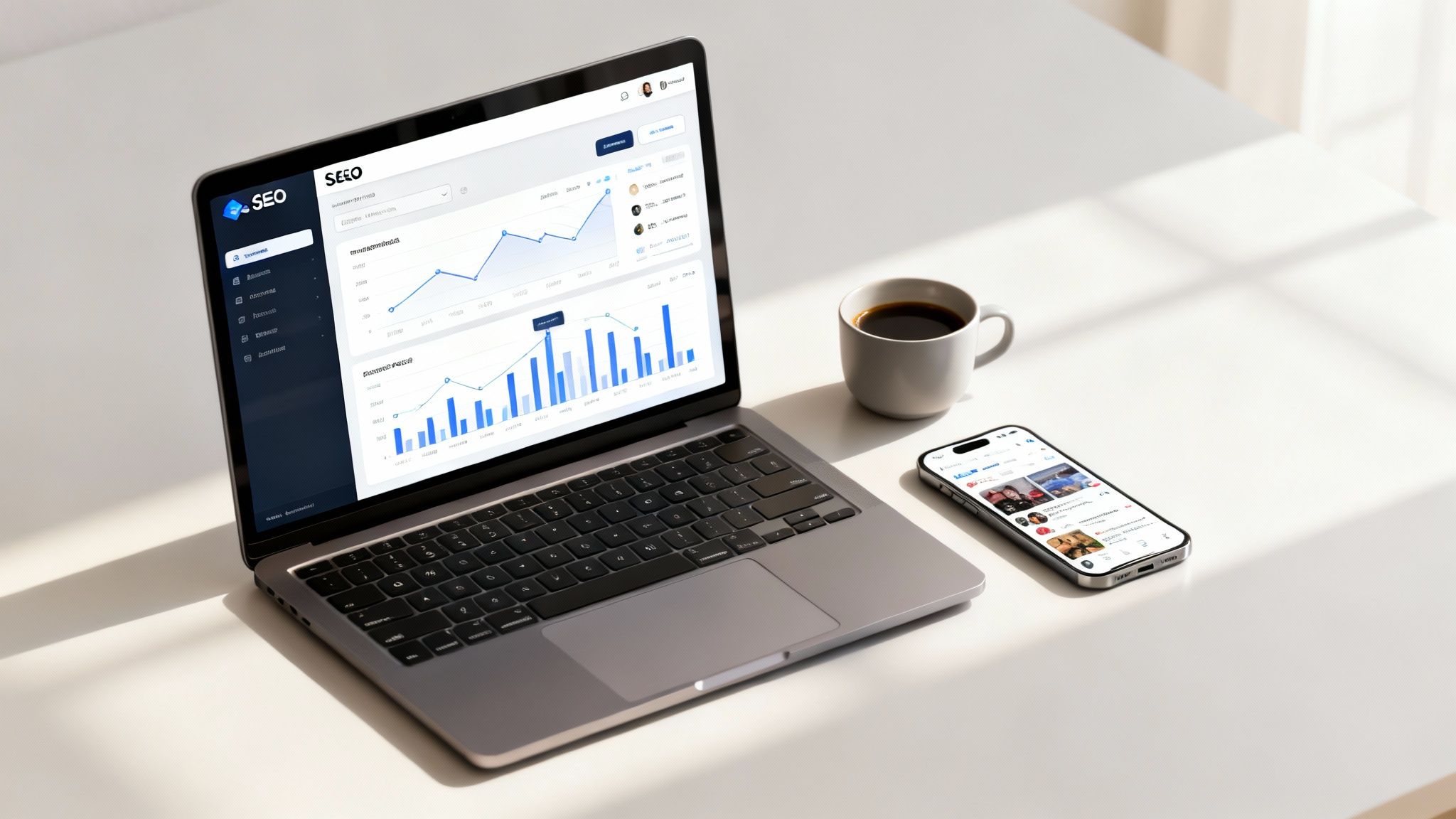 A digital marketing dashboard on a laptop screen, showing graphs for SEO, social media, and paid ads, representing different growth channels.