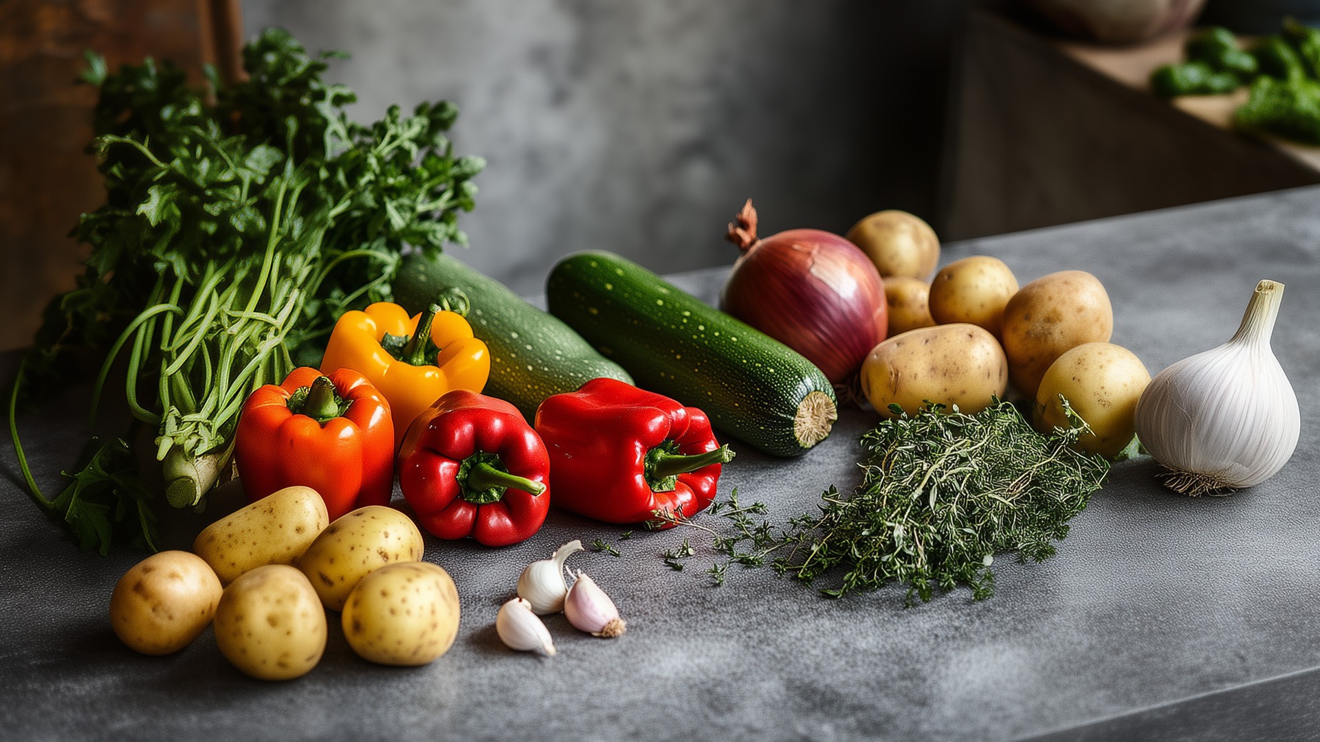 Frisches Gemüse wie Paprika, Zucchini, Kartoffeln und Zwiebeln, bereit für die Zubereitung von Ofengerichten.