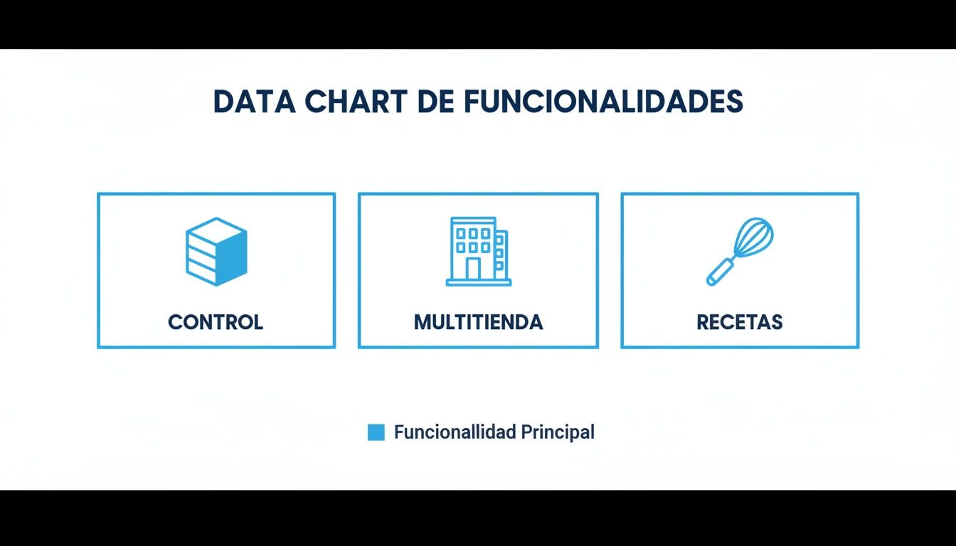 Gráfico de funcionalidades clave con íconos de control, multitenda y recetas, destacando su propósito principal.