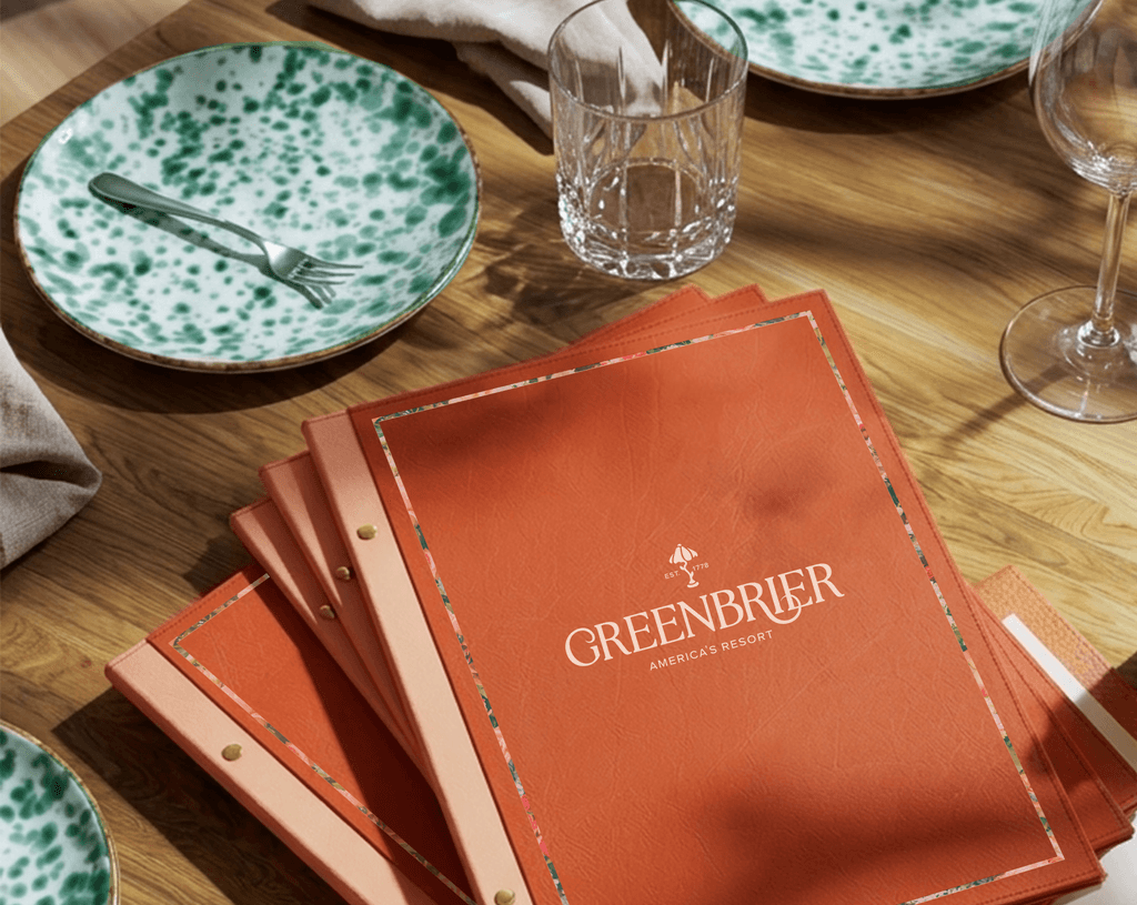 Luxurious orange leather menus for Greenbrier Resort.