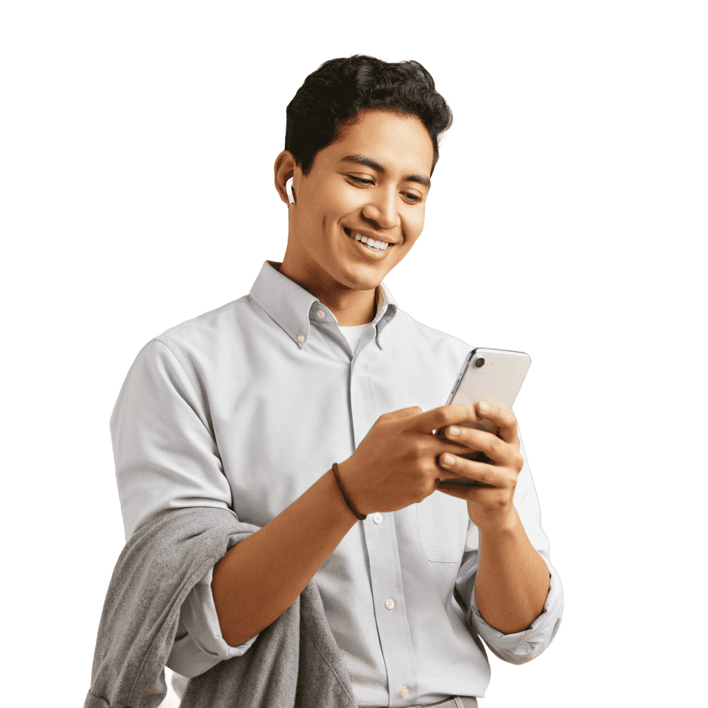 Portrait of a fair-skinned Latino man. He is wearing a professional dress shirt folded over his gray forearm, with airpods in his ear, holding and looking happily at an iphone.