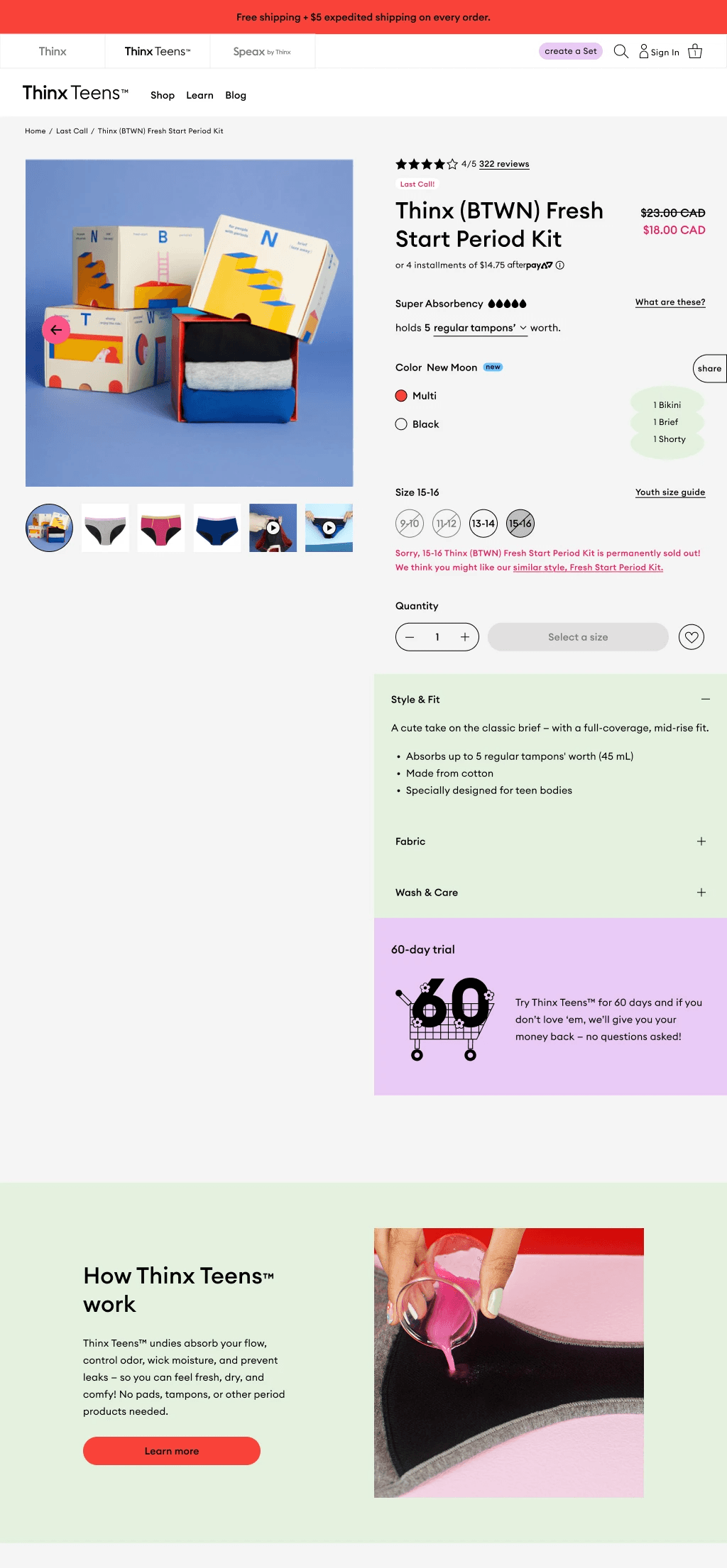 Thinx Teens Desktop Product Detail Page