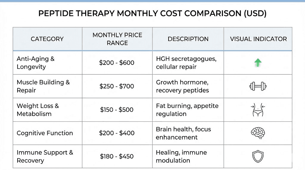 Peptide therapy monthly cost comparison by category