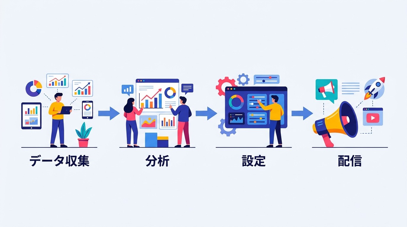 効果的なペルソナ活用フロー。データ収集→分析→ペルソナ設定→広告配信の4ステップを継続的に回すことで、精度の高いターゲティングが実現できる。