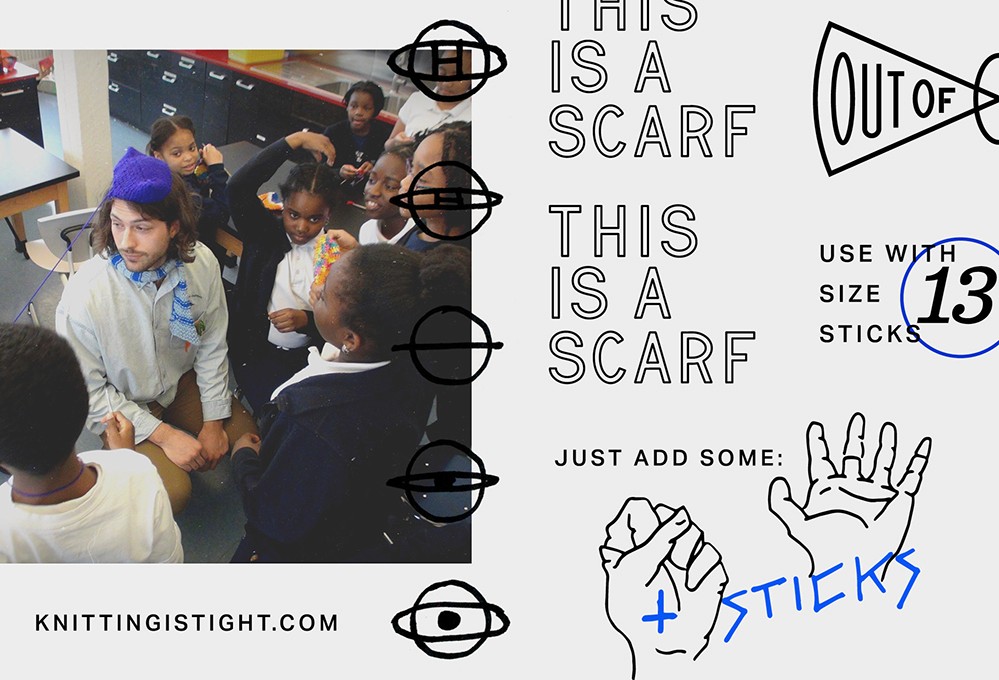 The image shows a group of people in a classroom setting, viewed from behind. One person wears a blue hat with a white band and a light-colored shirt with a patterned scarf. The text “THIS IS A SCARF” appears in black font, followed by “THIS IS A SCARF” in larger font, and then “USE WITH SIZE STICKS” in a smaller font. A hand with “+ STICKS” written in blue is depicted in the bottom right corner. The website “KNITTINGISTIGHT.COM” is displayed at the bottom left.