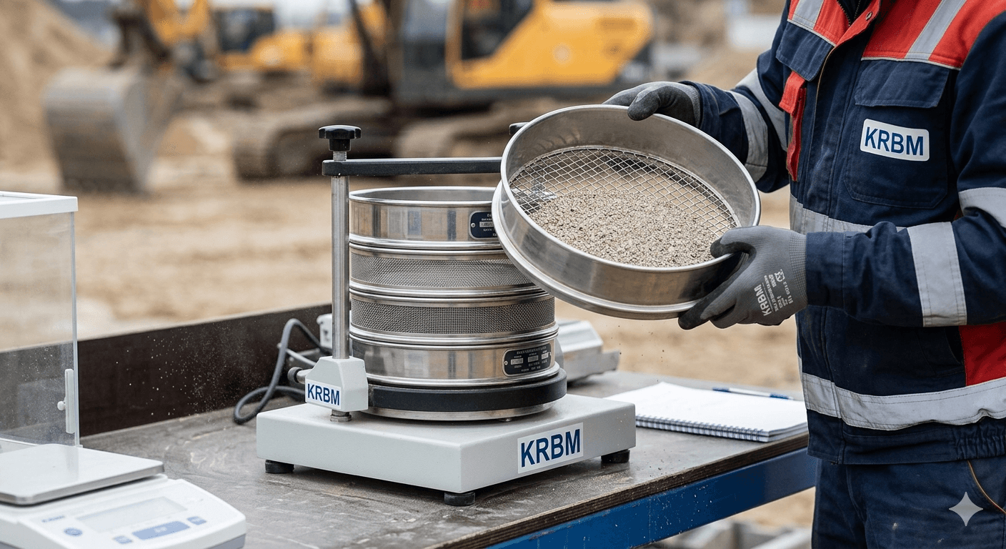 Badanie sitowe i analiza krzywej uziarnienia kruszywa w laboratorium KRBM Poznań, kolumna sit analitycznych wstrząsarki mechanicznej.