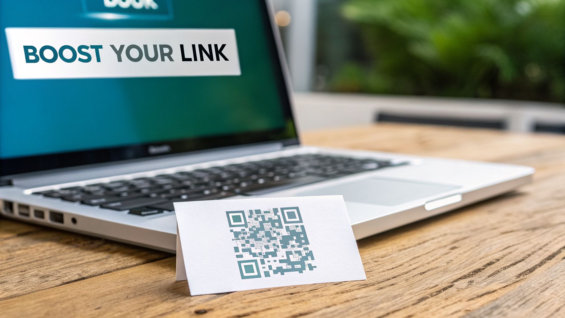 A laptop displaying 'BOOST YOUR LINK' on its screen next to a QR code on a wooden table.