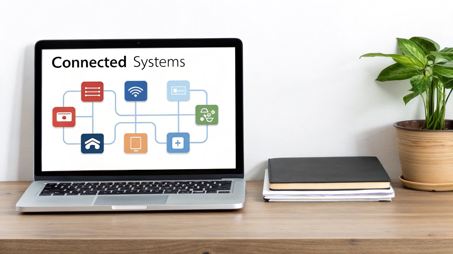 Laptop on a wooden desk displaying a 'Connected Systems' network diagram with technology icons.