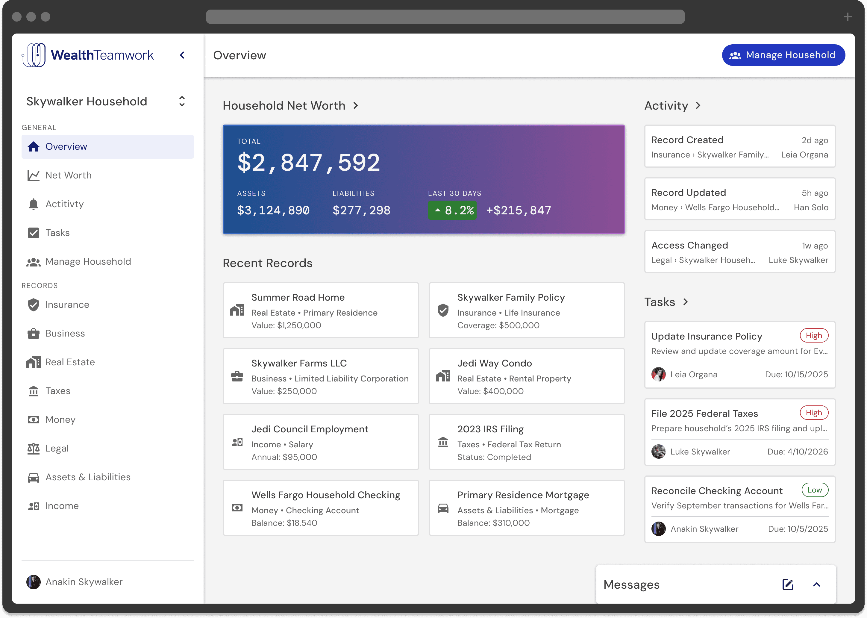 Redesigned WealthTeamWork household dashboard showing account overview, tasks, and net worth summary