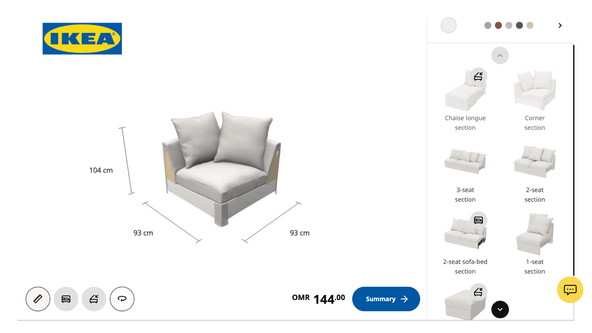 IKEA's 3D product visualization tool displaying a customizable sofa with various configurations.