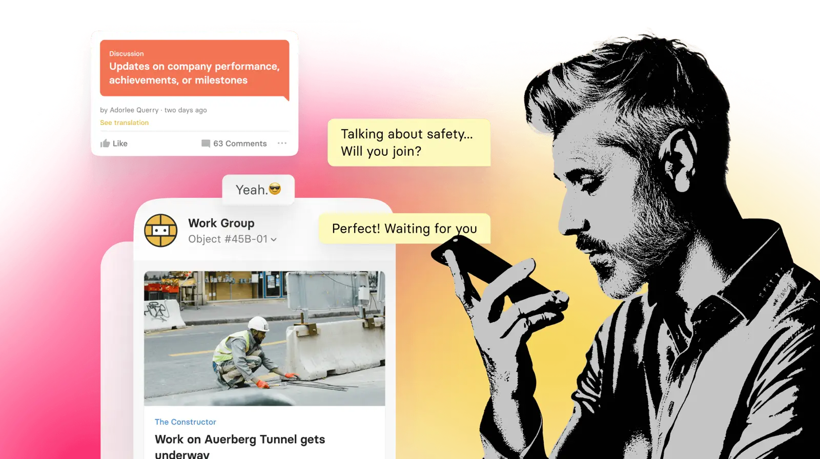 Workforce communication in the tchop employee app: project updates, group discussions and safety conversations on mobile