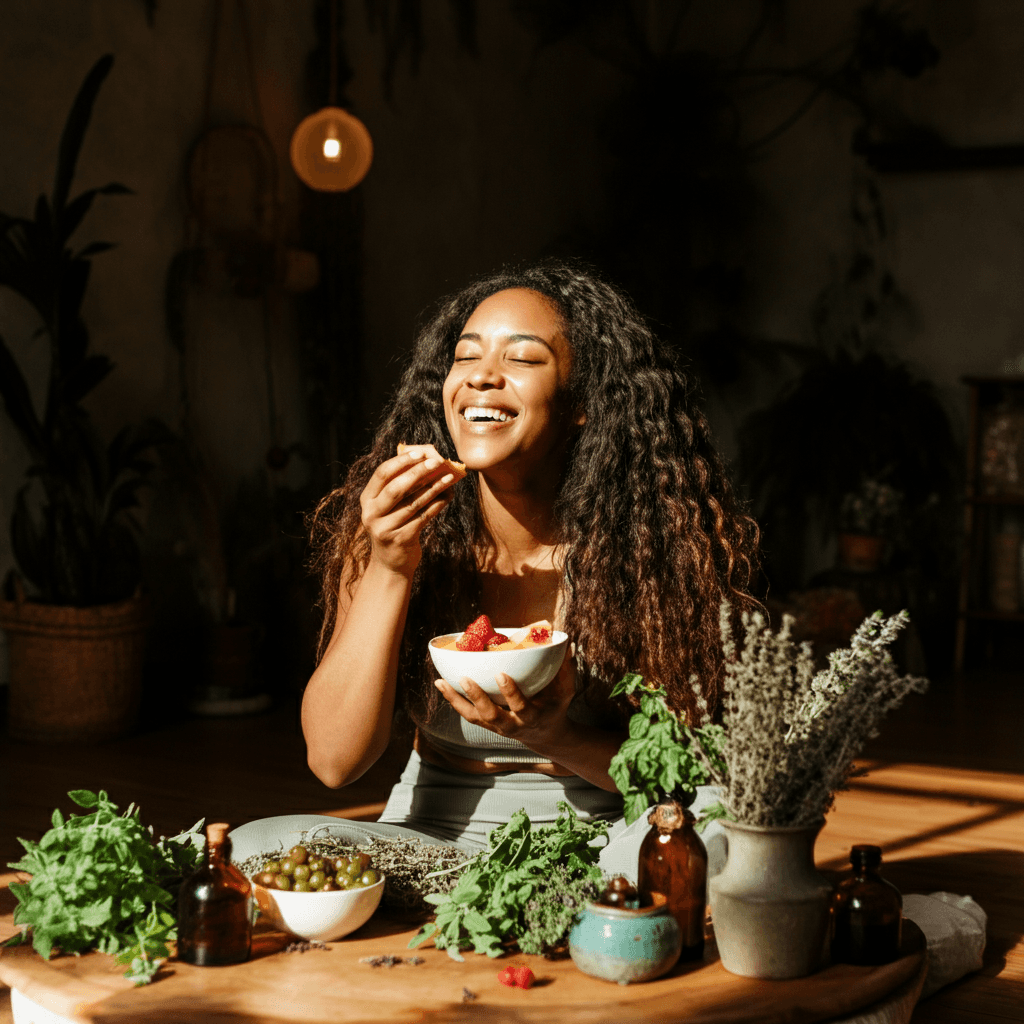 Older woman meditates in lotus pose on purple yoga mat