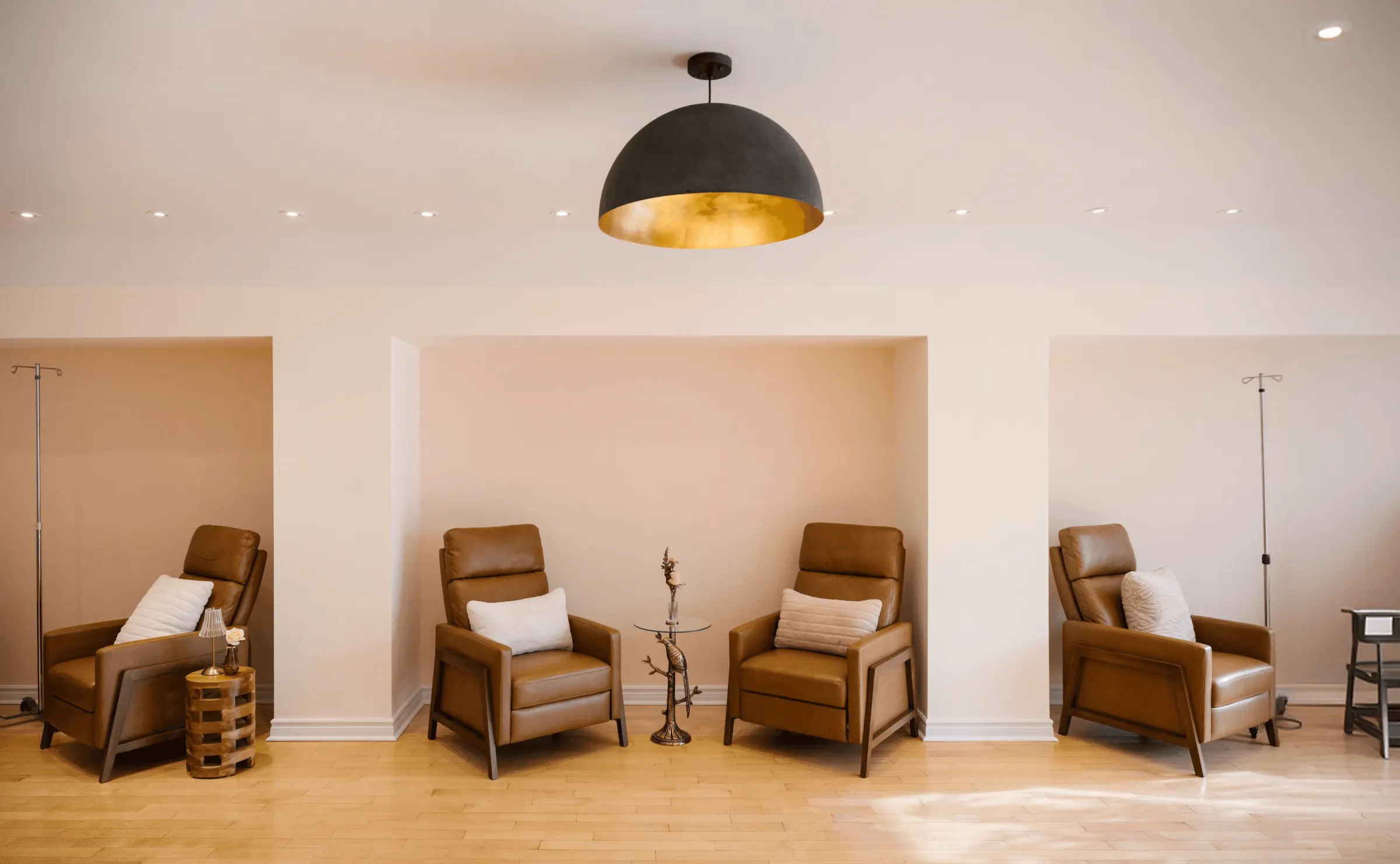 Atheria treatment room with four leather recliners, cushions and IV poles