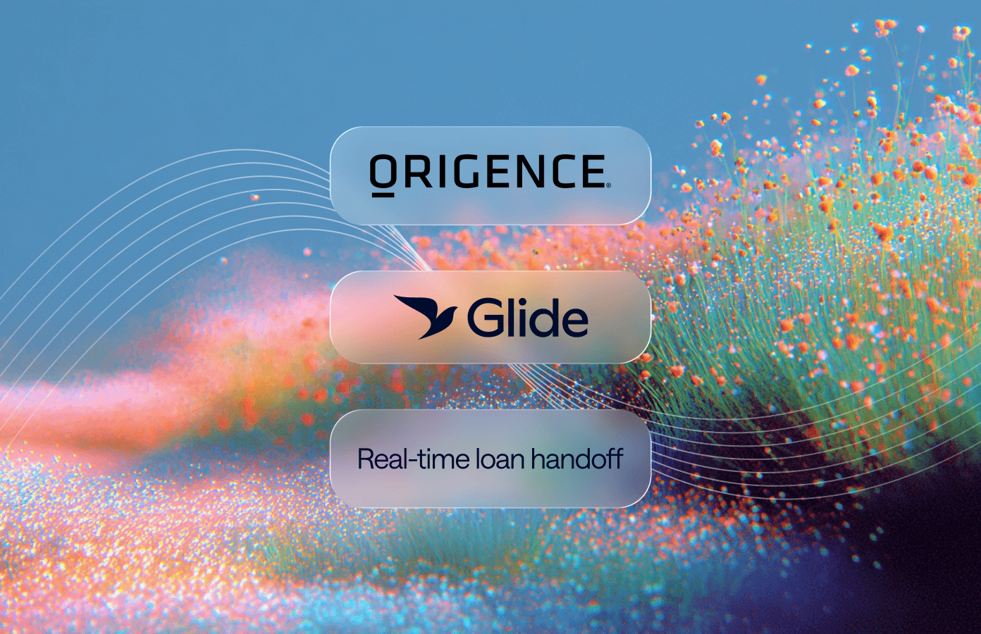 Abstract hero image showing a dynamic wave of orange and blue particles on a gradient background.