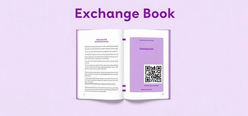 Open book with a QR code label representing the book tracking and exchange system