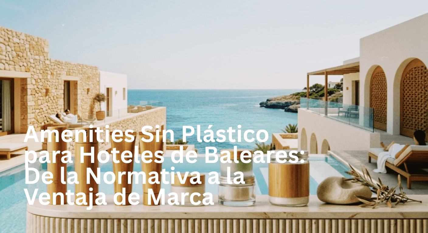 Productos de estilo spa con tapas de bambú se exhiben en una repisa junto a la piscina. Al fondo se aprecia una villa de piedra, vistas al océano y un ambiente relajante.