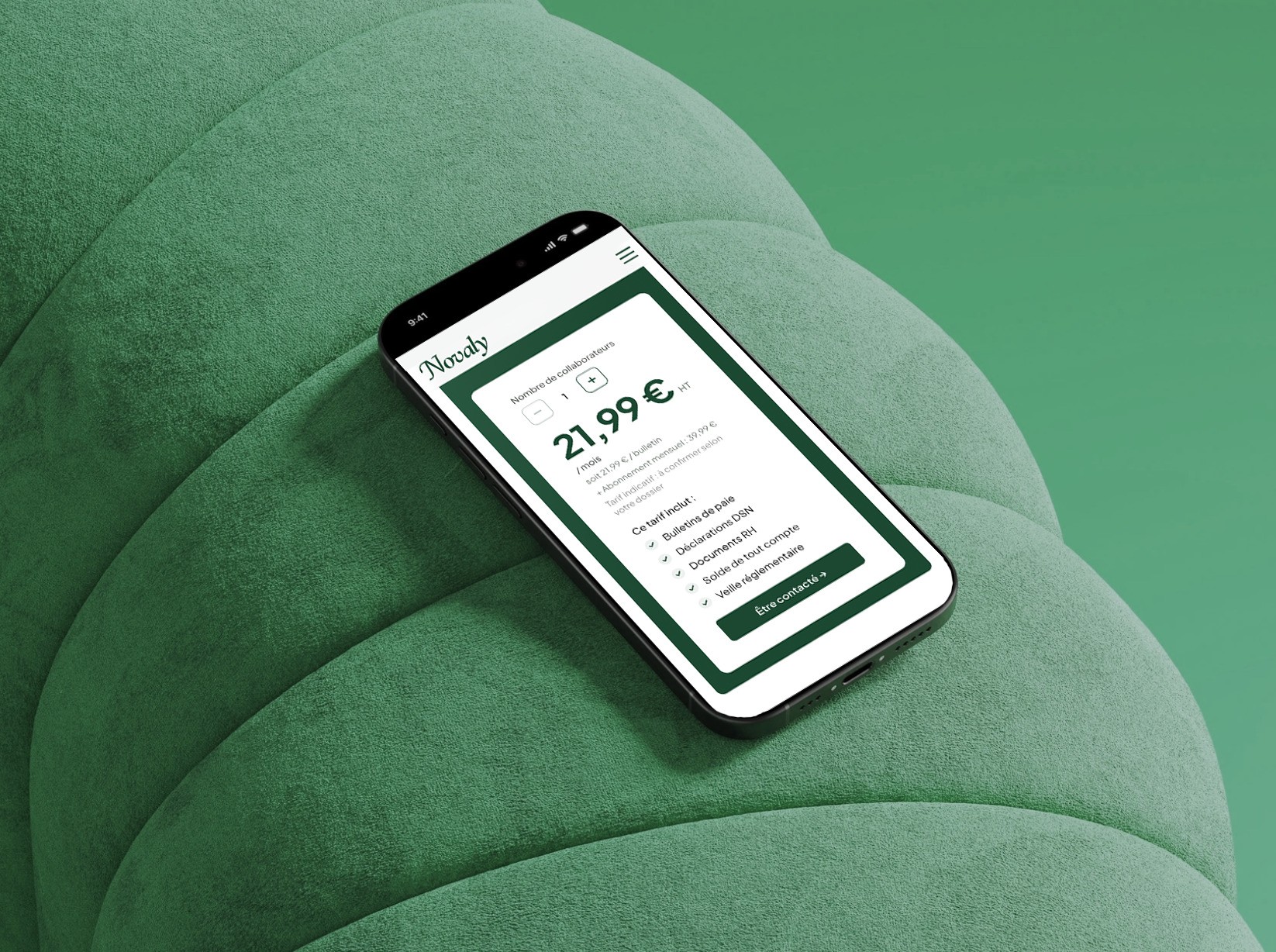 Simulateur tarifaire interactif du site Novaly Paie sur iPhone, calcul du prix selon le nombre de collaborateurs