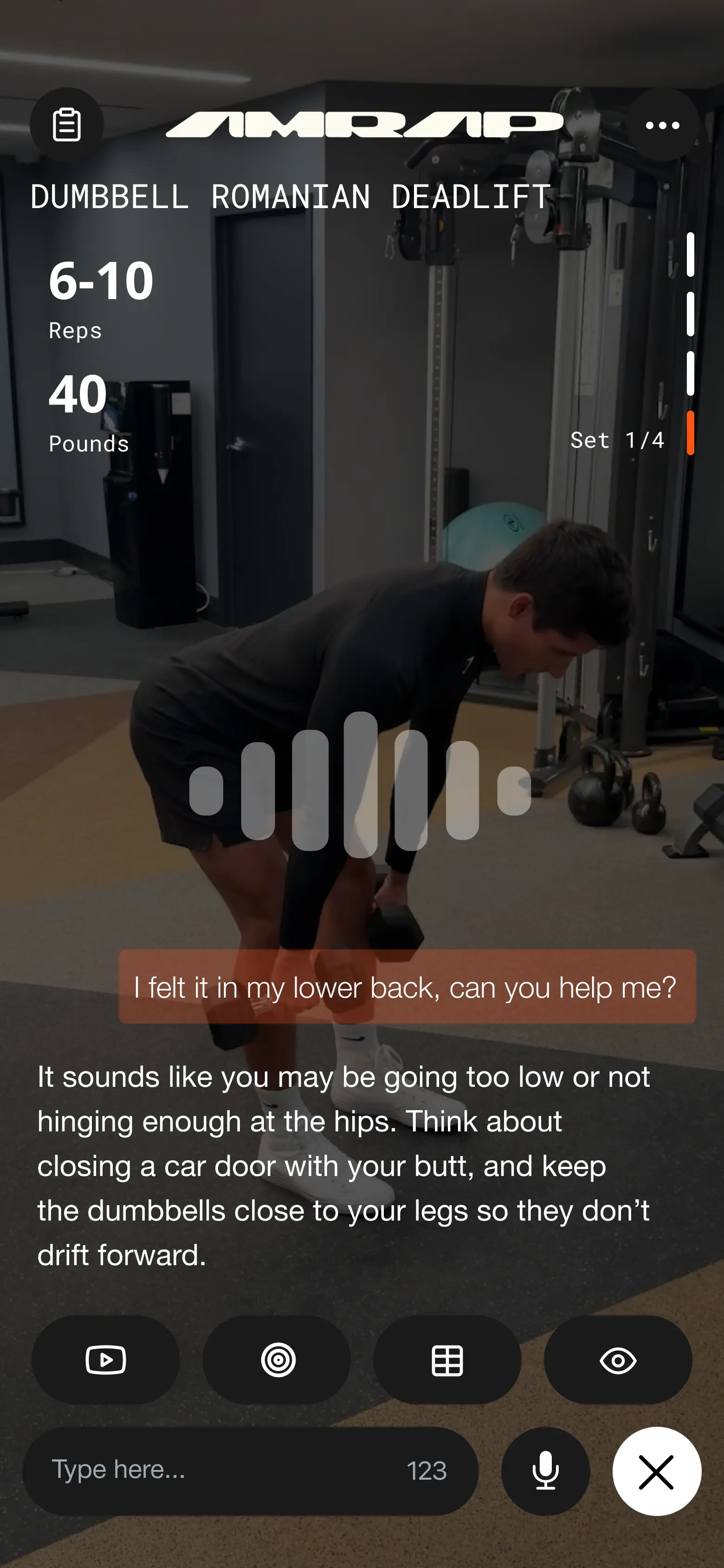 Amrap app screen with exercise guidance from certified personal trainers