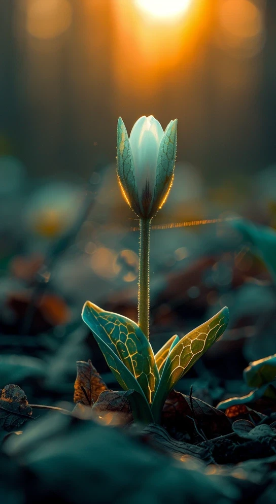 White flower bud growing in warm sunlight