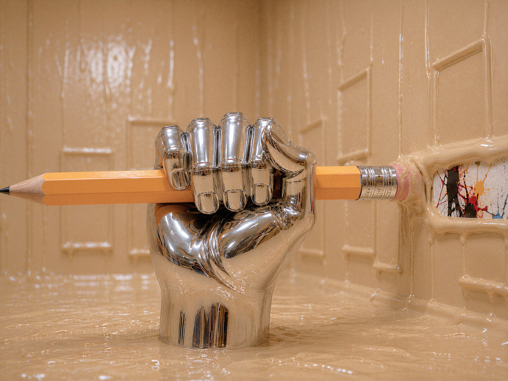 A chrome humanoid fist rises out of a beige-coated gallery floor, gripping a yellow pencil. The pencil's pink eraser tip is pressing into a section of the wall, where a vivid splattered abstract painting has been cleared from beneath the beige enamel coating that has consumed the room. Frames and architectural details around the gallery are visible only as ghost-impressions under the beige flood. A sculptural depiction of human craft cutting through the Blanding — Methodborne's name for the commercial flattening of design, expertise, and earned judgement under AI at scale. From the final piece of The Great Blanding, a five-part editorial series on what survives the AI era for practitioners with craft.