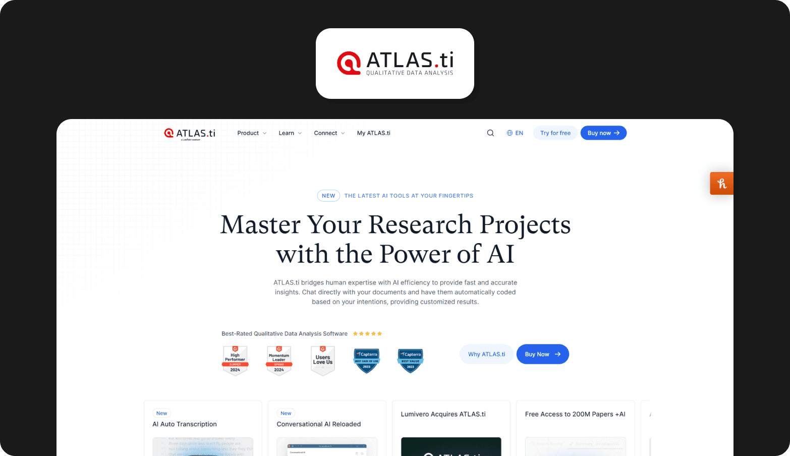 Screenshot of the ATLAS.ti homepage, badged as "The Latest AI Tools at Your Fingertips," with the headline "Master Your Research Projects with the Power of AI." The page describes ATLAS.ti as bridging human expertise with AI efficiency for fast and accurate insights, with the ability to chat directly with documents and have them automatically coded. Several industry award badges are visible, identifying it as a best-rated qualitative data analysis software. Feature cards at the bottom highlight AI Auto Transcription, Conversational AI Reloaded, Lumivero Acquires ATLAS.ti, and Free Access to 200M Papers + AI. The ATLAS.ti logo — a red circular icon — appears above the browser screenshot on a dark background.