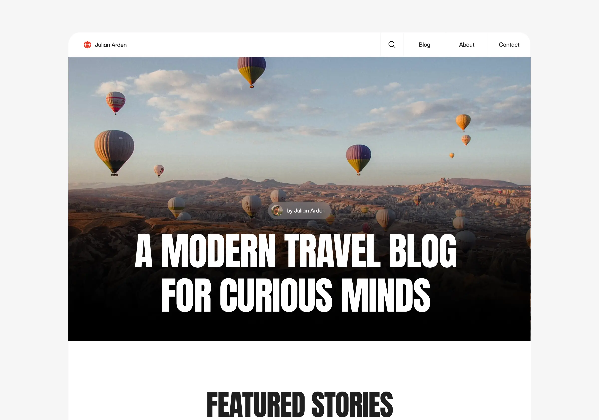 Travel blog website template hero section with featured stories and editorial layout