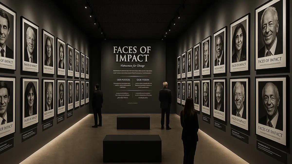 A dark room with portraits of influential people on the walls. Visitors stand observing the "Faces of Impact" exhibit.