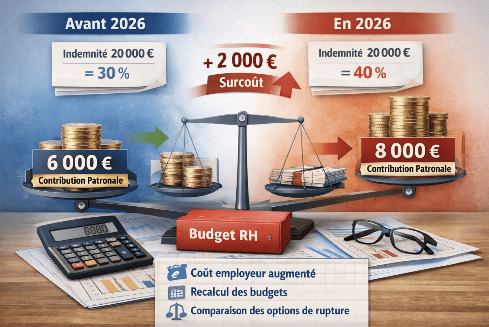 Illustration comparant le coût employeur avant et après la rupture conventionnelle en 2026, montrant le passage de la contribution patronale de 30 % à 40 %, avec un surcoût de 2 000 € pour une indemnité de 20 000 €.