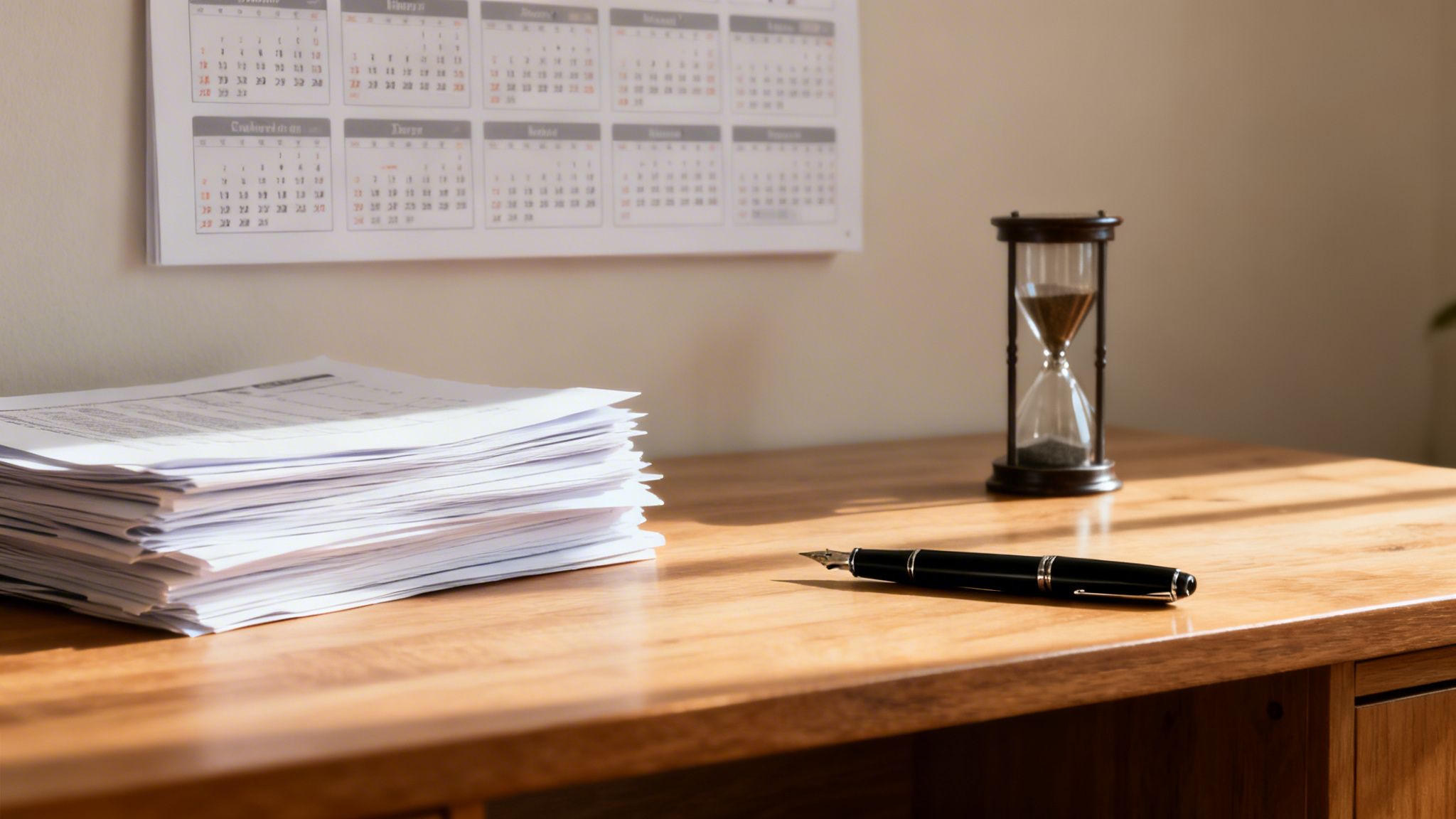En træskrivebord med en stak papirer, en fyldepen og et timeglas. En kalender hænger på væggen med sollys.